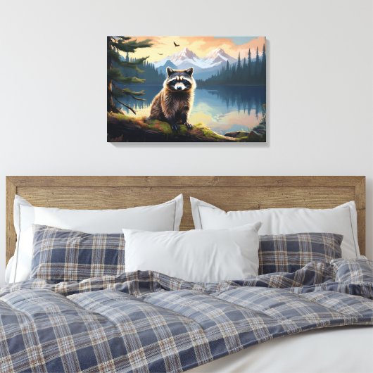 Wasbeer op een stam Bosmeer Canvas Afdruk (Insitu (Slaapkamer))