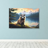 Wasbeer op een stam Bosmeer Canvas Afdruk (Insitu (Houten vloer))