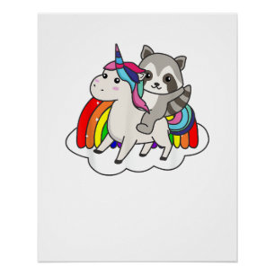 Wasbeer Op Eenhoorn Regenboog Dieren Zoete Eenhoor Perfect Poster