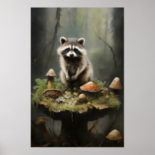 Wasbeer op paddestoel print, Forestcore Cottagecor Poster