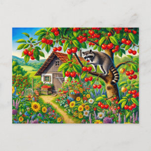 Wasbeer Snacken op kersen in oude kersenboom Briefkaart
