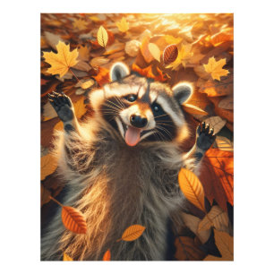 Wasbeer speelt in de herfstbladeren foto afdruk