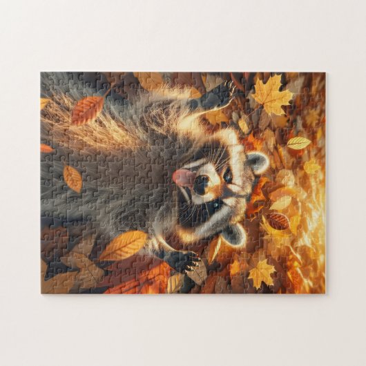 Wasbeer spelen in de herfst bladeren legpuzzel (Horizontaal)