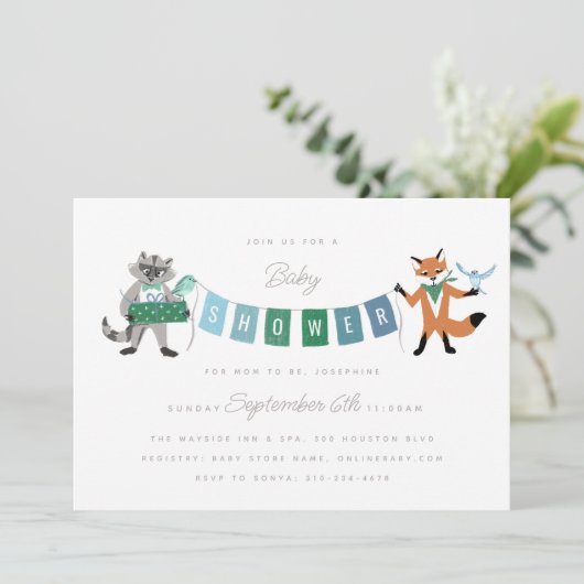 Wasbeer Vos Bos Vrienden Blauwe Baby Shower Kaart (Staand voorkant)