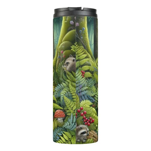 Wasbeerfamilie in het zonovergoten bos thermosbeker (Achterkant)