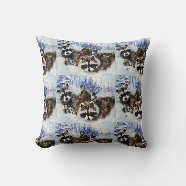Wasberen en Sneeuw van Originele Kunst Kussen (Voorkant)