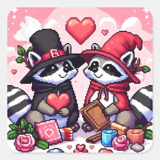 Wasberen in liefde pixelkunst vierkante sticker (Voorkant)