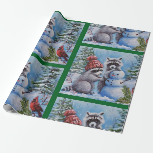 Wasberen sneeuwman & kardinaal Wrapping Papier (Uitgerold)