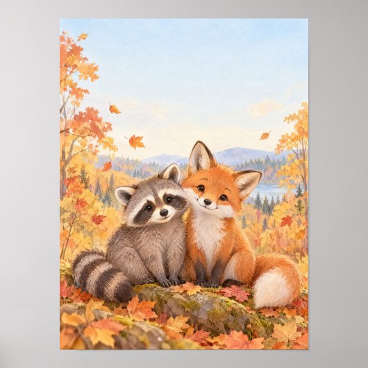 Waschbär und Fuchs im Herbstwald – Poster (Voorkant)