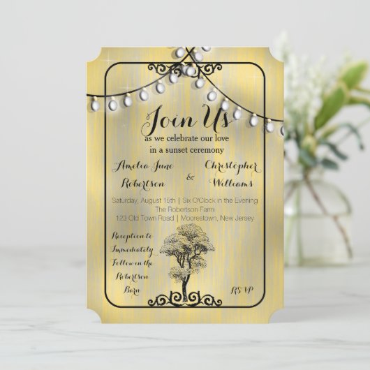 Wasde Rustic Country Light String Sunset Wedding Kaart (Staand voorkant)