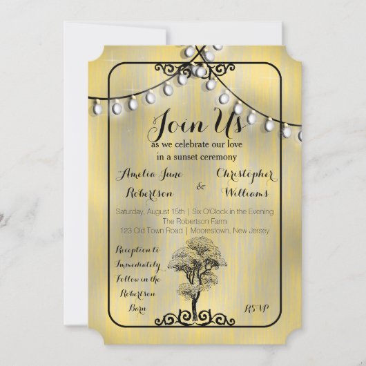 Wasde Rustic Country Light String Sunset Wedding Kaart (Voorkant)