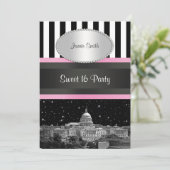 Wash DC Skyline Bk Wht Strp Pink Sweet 16 Party Kaart (Staand voorkant)