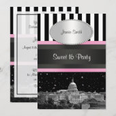 Wash DC Skyline Bk Wht Strp Pink Sweet 16 Party Kaart (Voorkant / Achterkant)