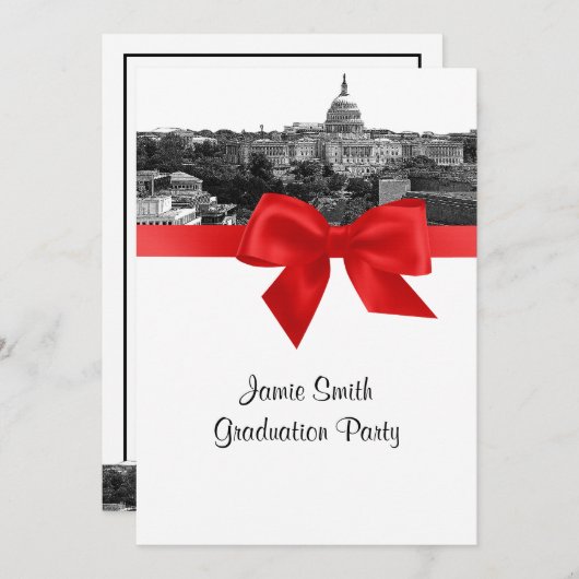 Wash DC Skyline Etched BW Red Graduparty Kaart (Voorkant / Achterkant)