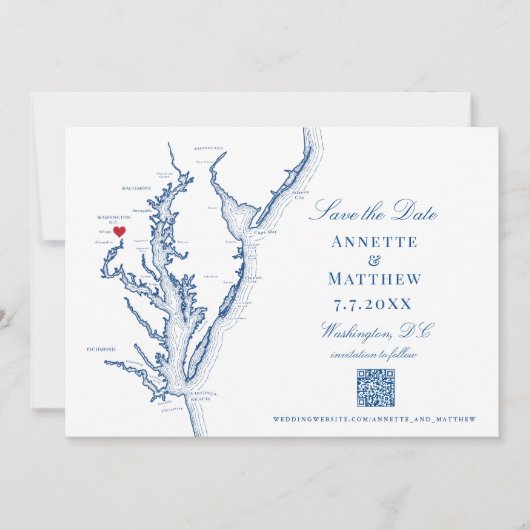 Washington DC Bruiloft Elegante Marine QR code Save The Date (Voorkant)