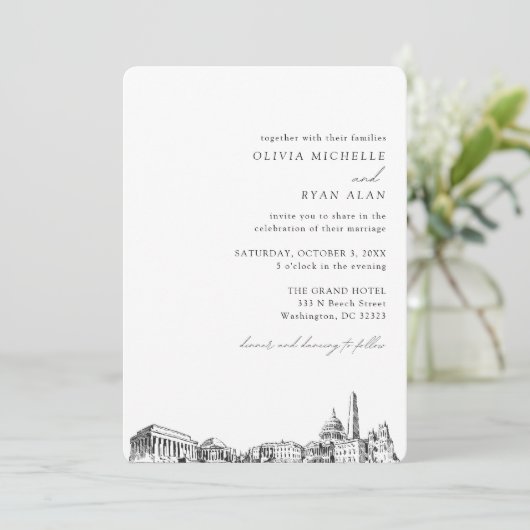 Washington DC Bruiloft Elegante Skyline uitnodigin Kaart (Staand voorkant)