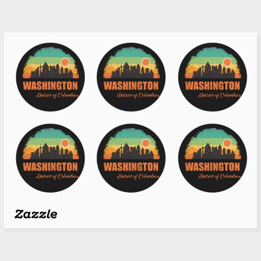 Washington DC City Skyline Retro Sunset Ronde Sticker (Vel)