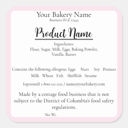 Washington DC Cottage Food Business Baking Label (Voorkant)