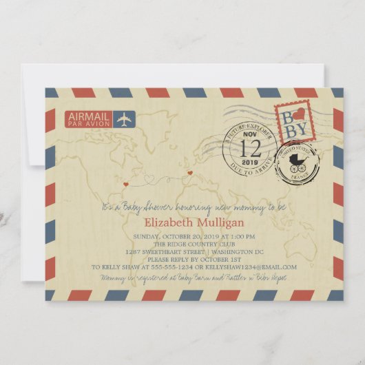 Washington DC / France Airmail | Baby Shower Kaart (Voorkant)
