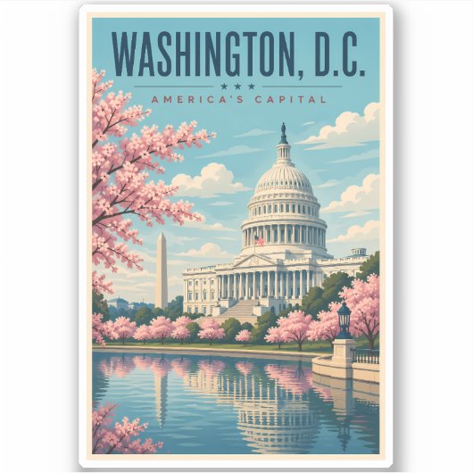 Washington DC Kersenbloesem Illustratie Reis Sticker (Voorkant)
