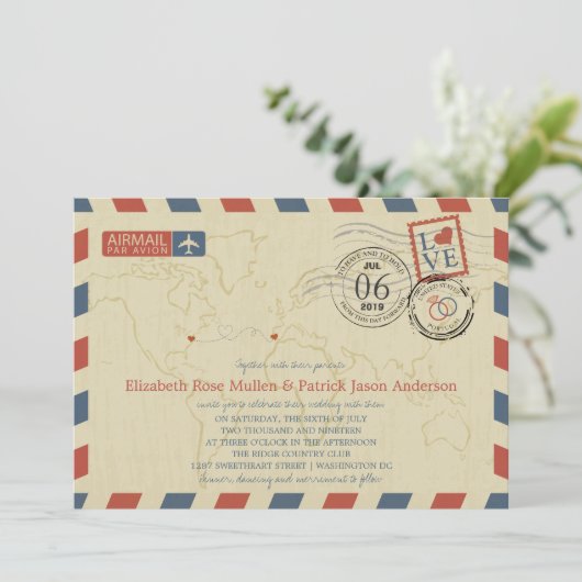 Washington DC / Portugal Airmail | Bruiloft Kaart (Staand voorkant)