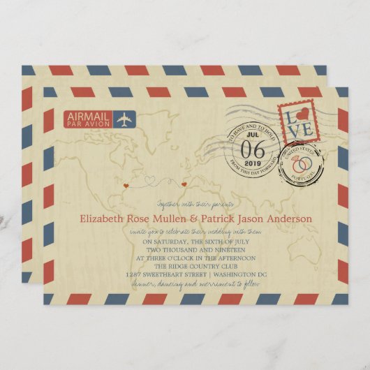 Washington DC / Portugal Airmail | Bruiloft Kaart (Voorkant / Achterkant)