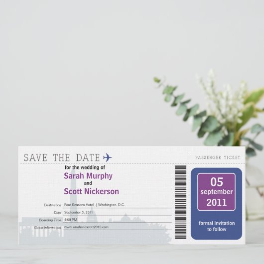 Washington DC Save the Date Boarding Pass (Staand voorkant)