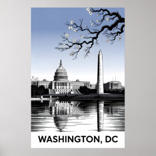 Washington DC Silhouet Zwart Wit Houtsnede Poster