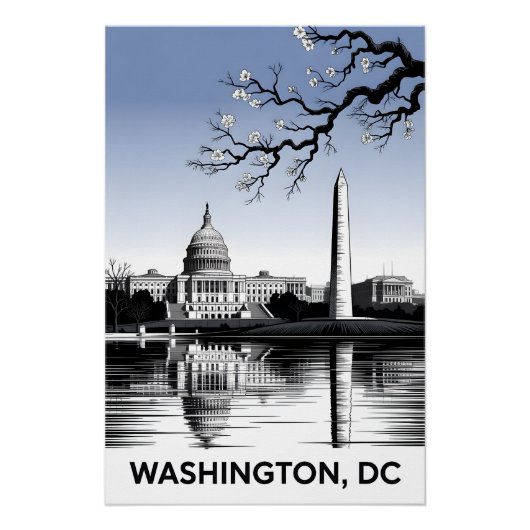 Washington DC Silhouette Zwart Wit Houtsnede Perfect Poster (Voorkant)