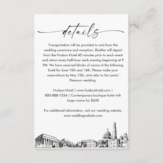 Washington DC skyline bruiloft details Kaart, 3.5x Informatiekaartje (Voorkant)