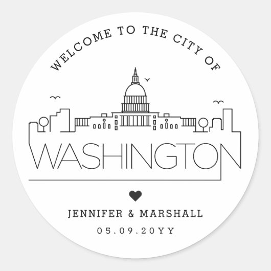 Washington DC Skyline | Bruiloft Welkom Favor Ronde Sticker (Voorkant)