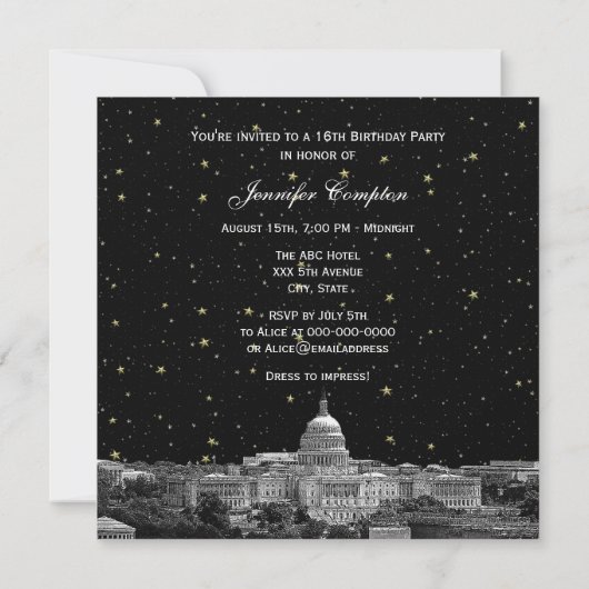 Washington DC Skyline Etch Starry DIY SQ Sweet 16 Kaart (Achterkant)