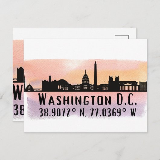 Washington DC Skyline Latitude en Lengtegraad Briefkaart (Voorkant / Achterkant)