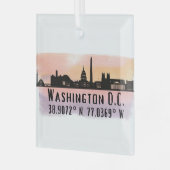 Washington DC Skyline Latitude en Lengtegraad Glas Ornament (Voorkant links)