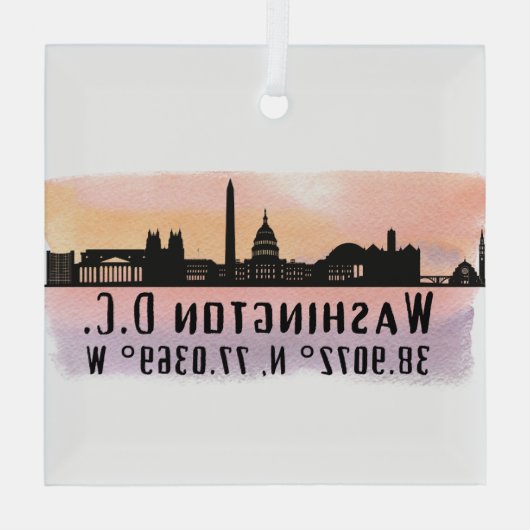 Washington DC Skyline Latitude en Lengtegraad Glas Ornament (Achterkant)