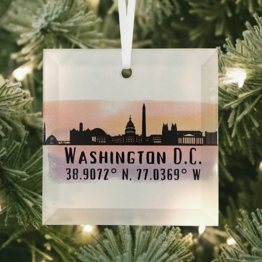 Washington DC Skyline Latitude en Lengtegraad Glas Ornament (Insitu)