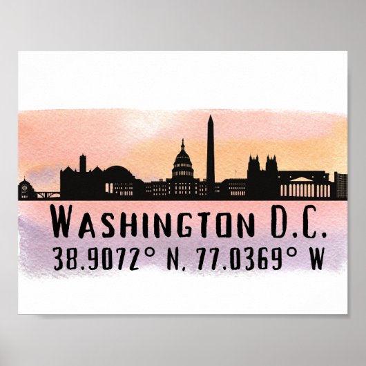 Washington DC Skyline Latitude en Longitude Print (Voorkant)