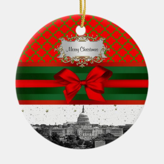 Washington DC Skyline Red Green Quatrefoil BG Xmas Keramisch Ornament (Voorkant)