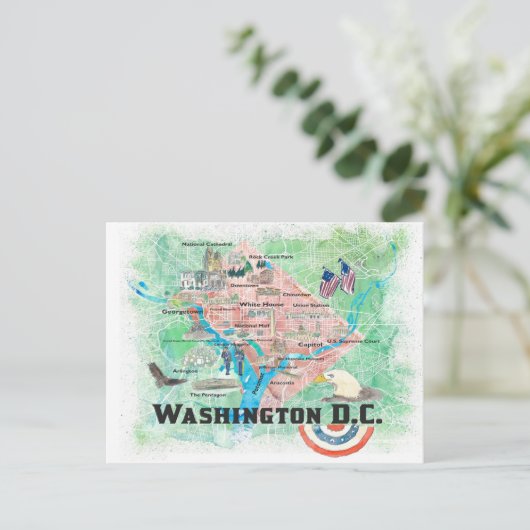 Washington DC USA Illustrated Map met Belangrijkst Briefkaart (Staand voorkant)