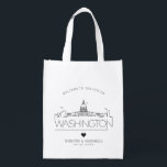 Washington DC Wedding | Stijlvolle Skyline Boodschappentas<br><div class="desc">Een unieke trouwtas voor een bruiloft in de prachtige stad Washington DC.  Deze tas bevat een gestileerde illustratie van de unieke skyline van de stad met de naam eronder.  Dit wordt gevolgd door je trouwdaggegevens in een overeenkomende open stijl.</div>