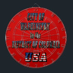 Washington in het District of Columbia USA Dartbord<br><div class="desc">Fancy tekst voor de stad Washington in het District of Columbia met foto's van het gebied en voeg de Amerikaanse vlag toe voor de tekst van de VS. Dit ziet er goed uit op elk product en maakt een geweldige reisherinnering. ⭐PERSONALISEER deze sjabloon met uw kunstwerk. ⭐Bewerk het verder om...</div>