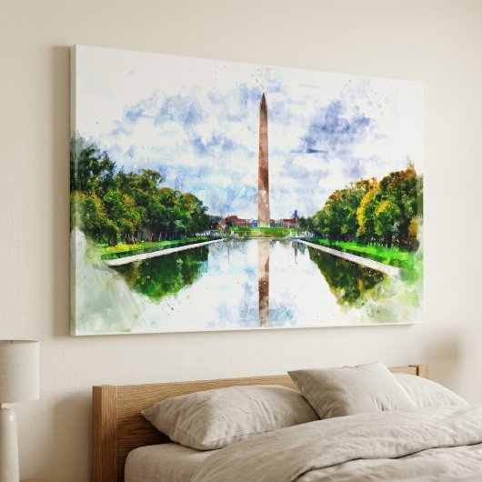 Washington Monument Aquarel met Weerspiegeling Canvas Afdruk