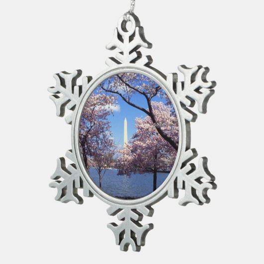 Washington Monument via Cherry Blossom Tin Sneeuwvlok Ornament (Rechts)
