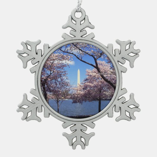 Washington Monument via Cherry Blossom Tin Sneeuwvlok Ornament (Voorkant)