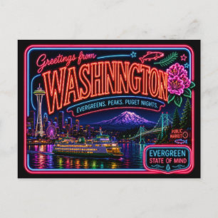 Washington Neon Staat Retro Vintage Briefkaart
