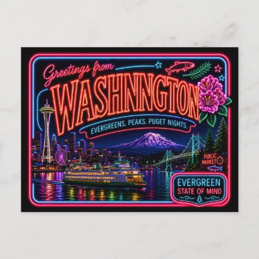 Washington Neon Staat Retro Vintage Briefkaart (Voorkant)