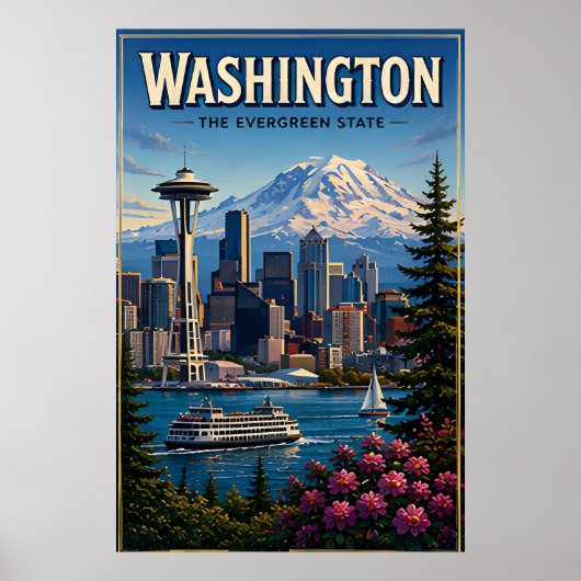 Washington Seattle Silhouet Berg Waterfront Poster (Voorkant)