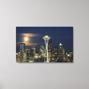 Washington, Seattle, Silhouet bij nacht vanaf Kerr Canvas Afdruk