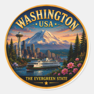 Washington Seattle Silhouette Ontsnapping 🟡 Ronde Sticker