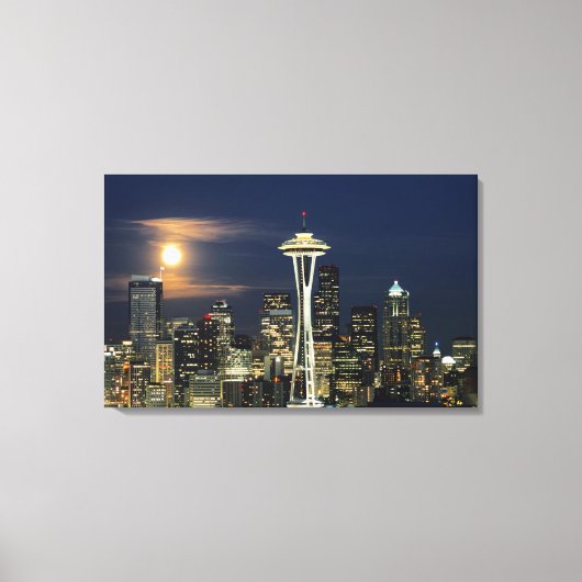 Washington, Seattle, Skyline 's nachts van Kerry 1 Canvas Afdruk (Voorkant)